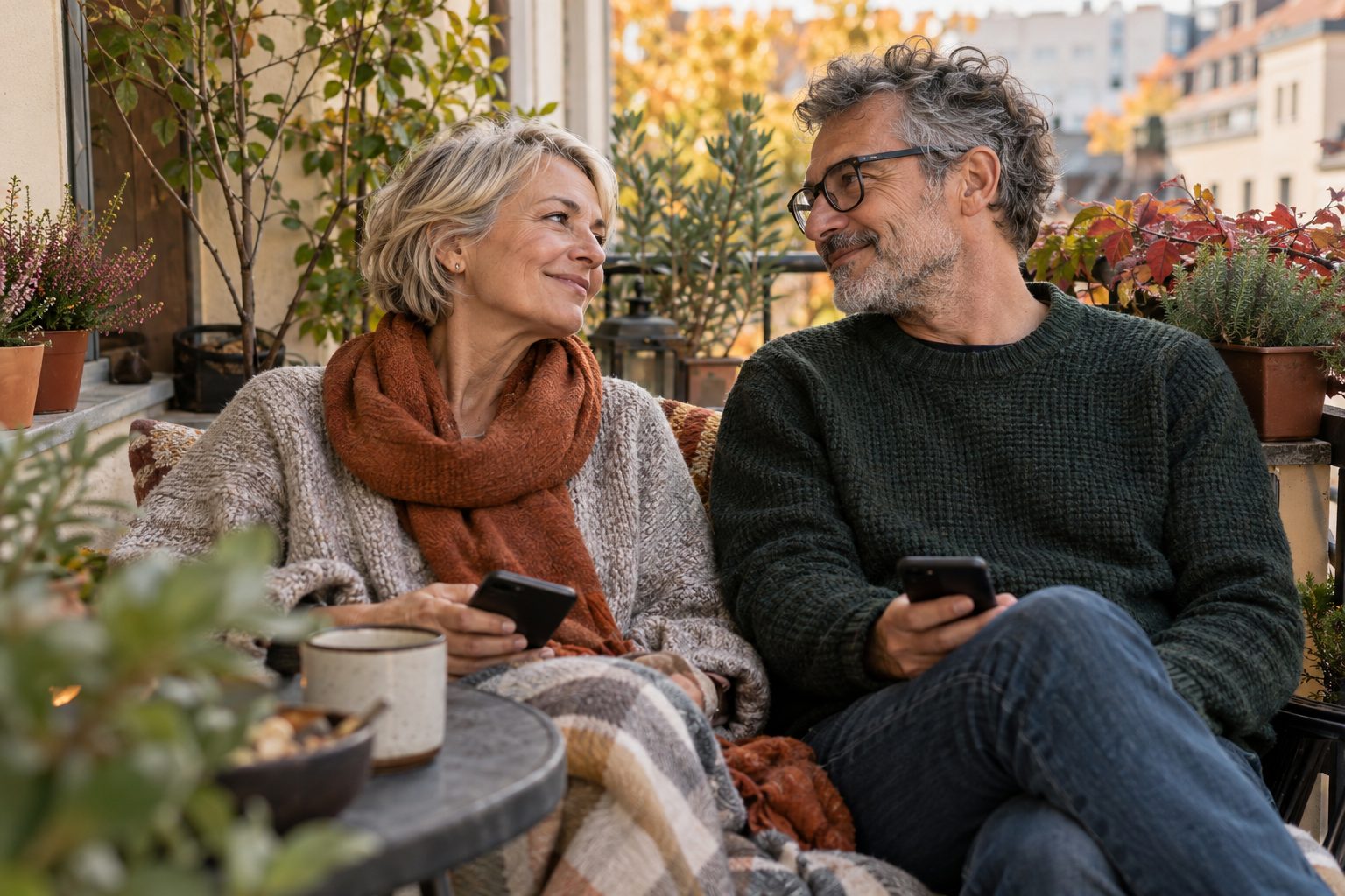 Ein Paar sitzt im Herbst auf dem Balkon, beide haben ein Handy in der Hand und sehen sich an. Das Bild ist mit KI erzeugt.