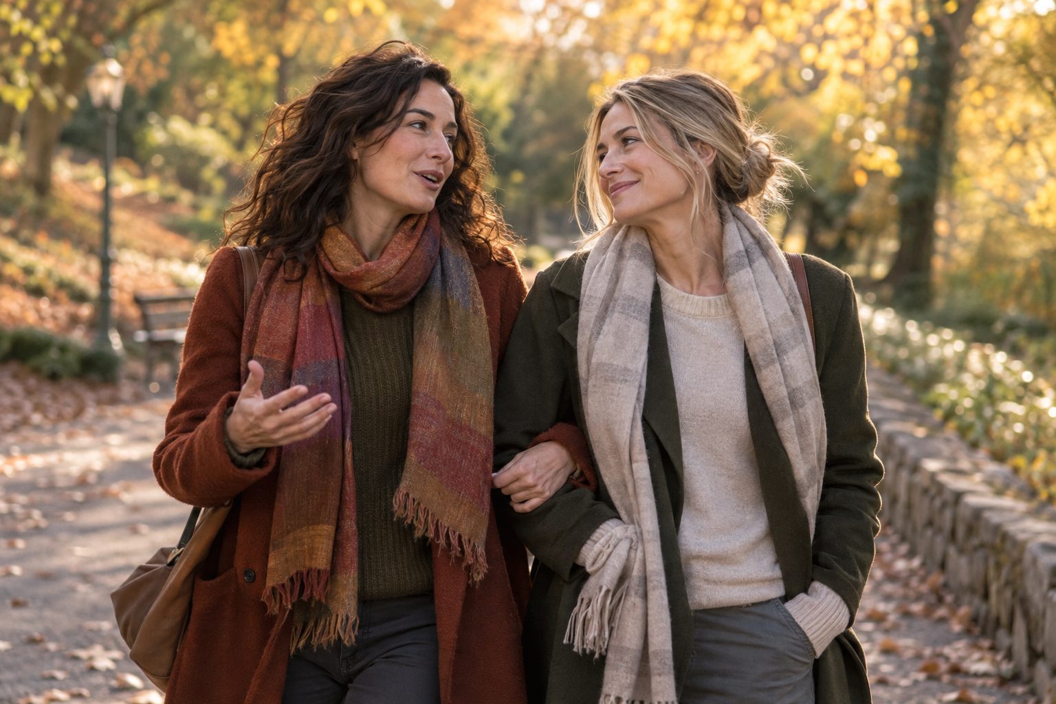 Zwei Frauen gehen im Herbst eingehakt durch einen Park und sprechen miteinander. Das Bild ist mit KI erzeugt.